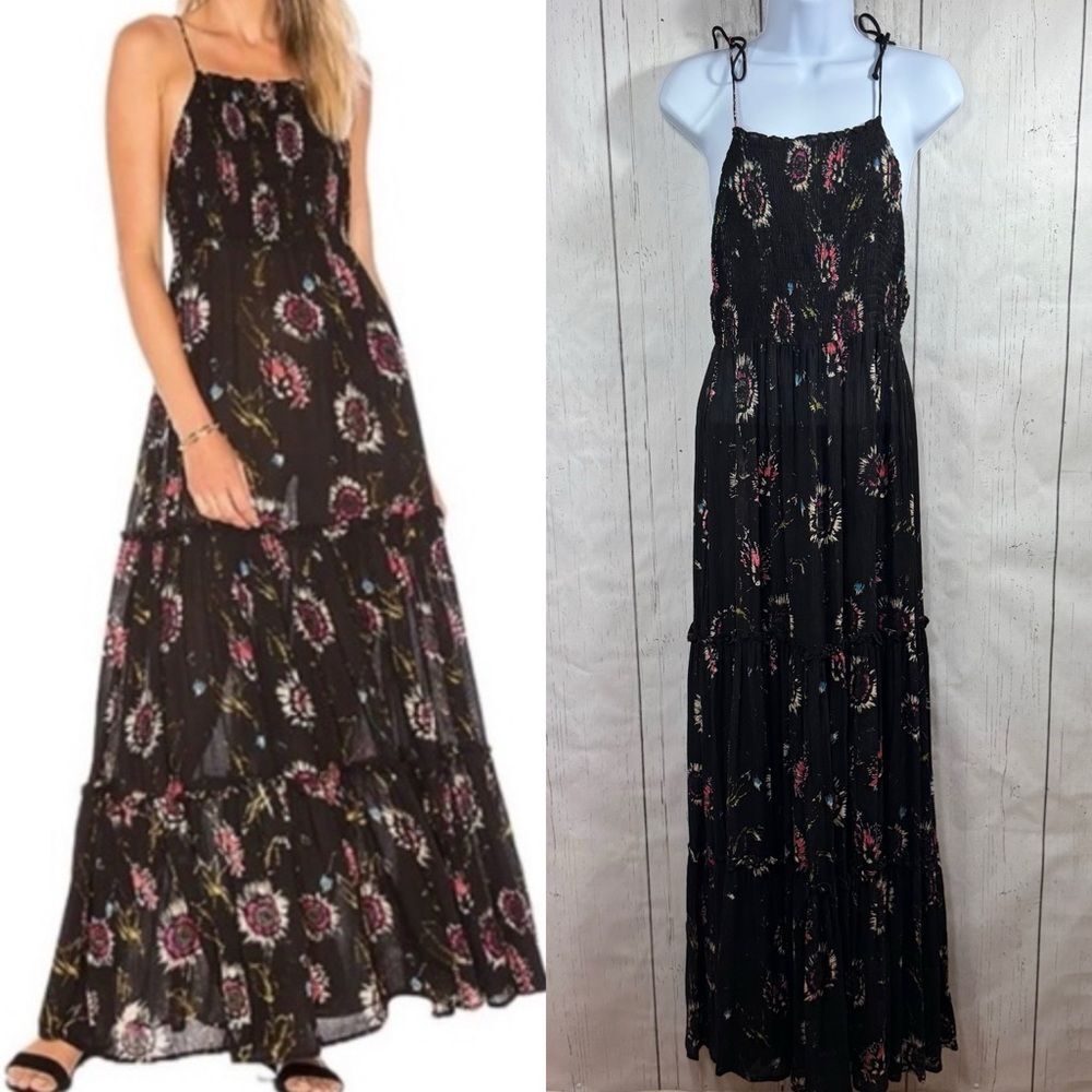 Intimately Free People Black Floral Maxi Dress Boho Smocked Tiered Size SP